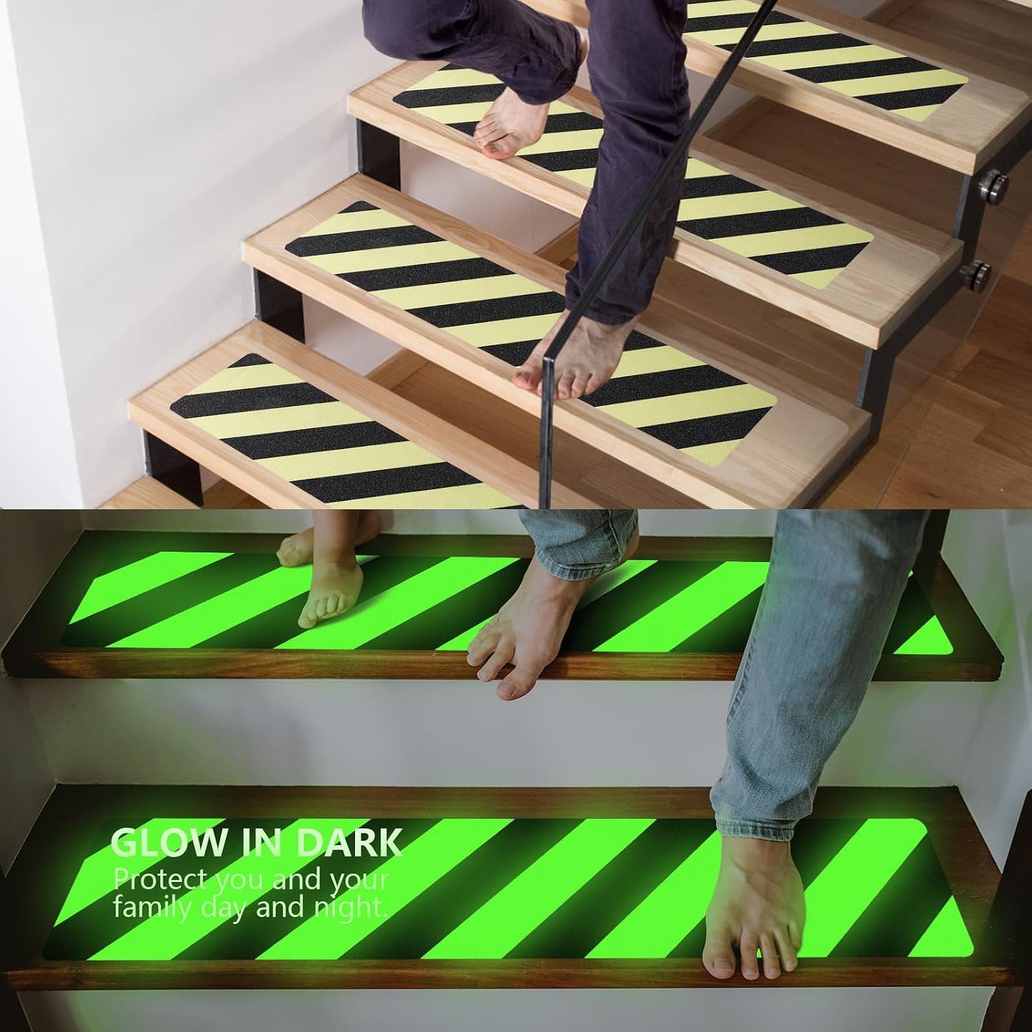 LifeGrip Anti Slip Traction Treads 10 Pack, 6"x32" with Glow in Dark Stripe, Best Grip Tape Grit Non Slip, Outdoor Non Skid Tape, High Traction Friction Abrasive Adhesive for Stairs Step