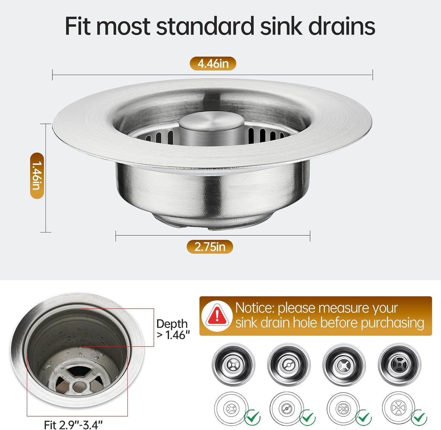 YYKBZ 3 in 1 Kitchen Sink Drain Strainer， Stainless Steel Pop Up Sink Stopper， Plug for Sink Drain Strainer with Anti-Clogging Basket for Us Standard 3-1/2"Drain Easy to Install （1pcs）