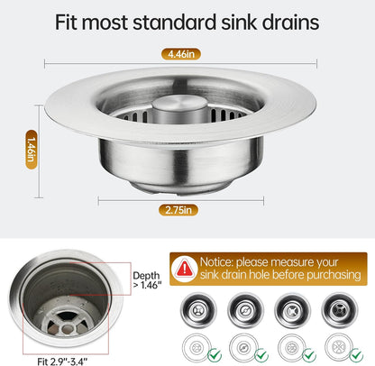 YYKBZ 3 in 1 Kitchen Sink Drain Strainer， Stainless Steel Pop Up Sink Stopper， Plug for Sink Drain Strainer with Anti-Clogging Basket for Us Standard 3-1/2"Drain Easy to Install （1pcs）