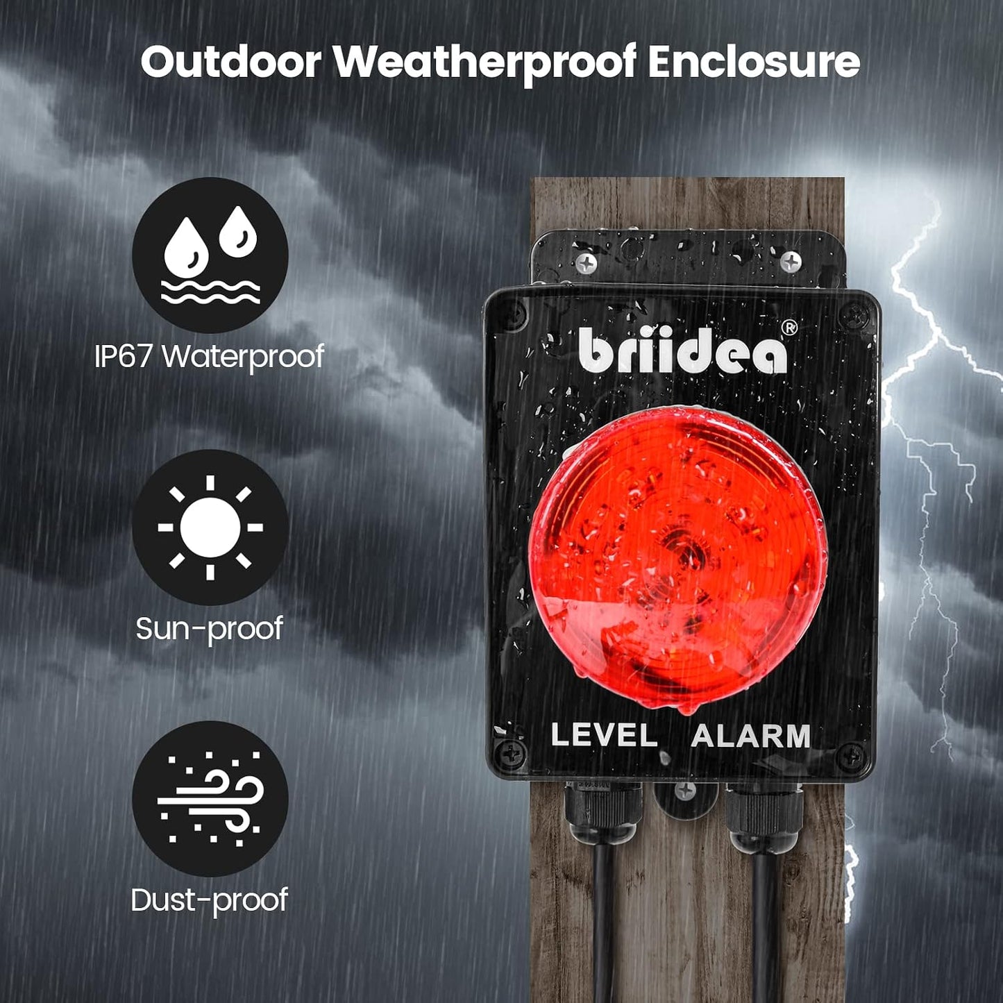 Sump Pump Alarm, Briidea Indoor/Outdoor High Water Septic Tank Alarm with 110dB Loud Alarm and Large LED Indicator, 10ft Level Float Switch, Ideal for Septic Sump Pump Pond Water Tank