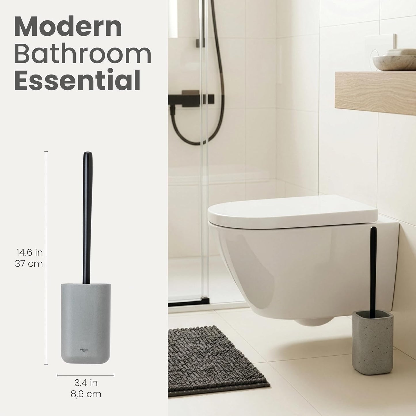 Vigar Zense Toilet Brush and Holder Set - Toilet Bowl Brush and Holder, Polyresin Stone Bathroom Accessory, Compact Toilet Cleaner Brush for Bathroom Decor and Toilet Accessories Set - White Marble