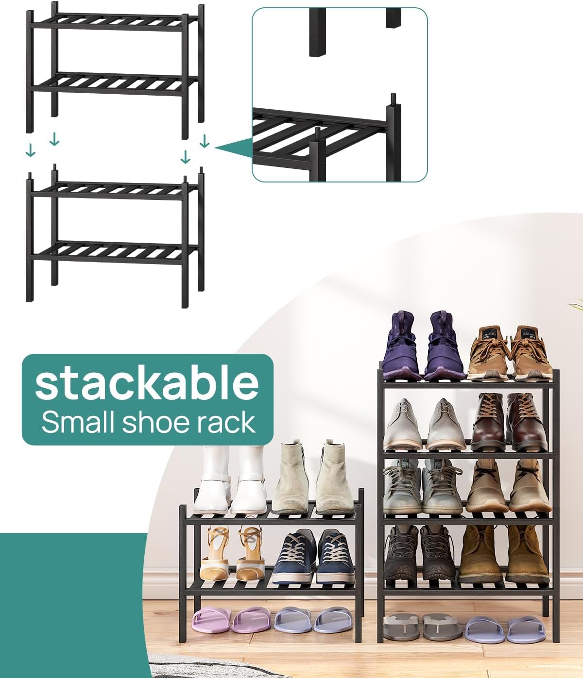 viewcare 3-Tier Black Bamboo Shoe Rack for Entryway, Stackable | Foldable | Natural, Shoe Shelf Storage Organizer for Hallway Closet, Free Standing Shoe Racks for Indoor Outdoor