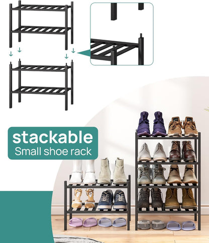 viewcare 3-Tier Black Bamboo Shoe Rack for Entryway, Stackable | Foldable | Natural, Shoe Shelf Storage Organizer for Hallway Closet, Free Standing Shoe Racks for Indoor Outdoor