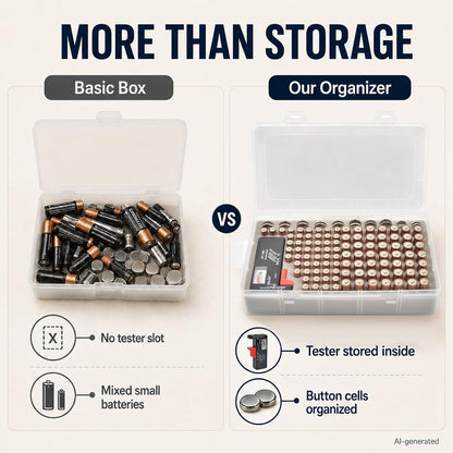 Xuerdon Battery Organizer Case with BT168 Tester 120+ Batteries Storage Box | Clear Plastic Battery Box Holds 49AA 51AAA 10CR2032 10CR1632 Batteries, Wall Mount Drawer Organizer Batteries not Included