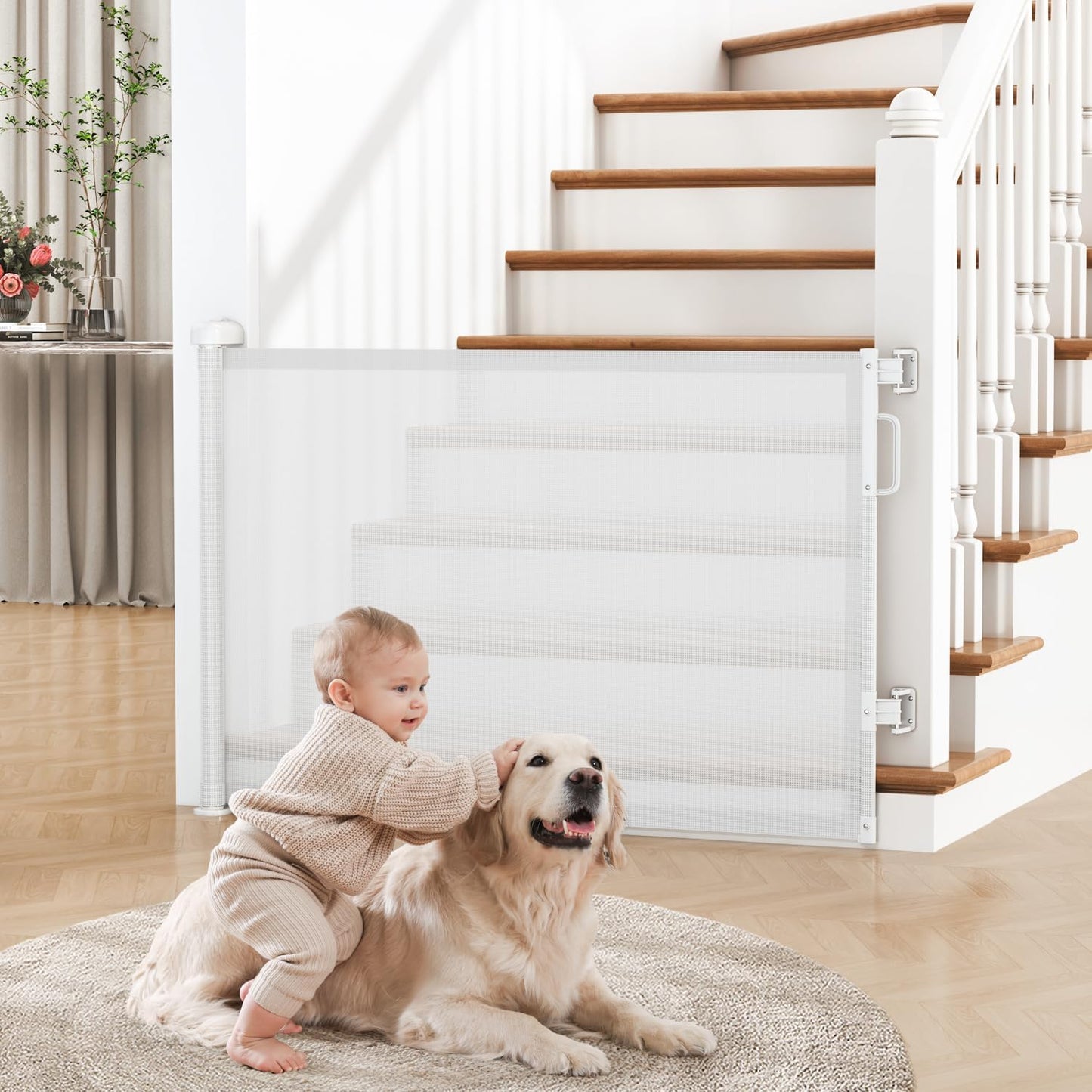 Retractable Baby Gate for Stairs & Doorways, Mesh Dog Gate Indoor Outdoor, Extends to 55" Wide 34" Tall Child Gate for Hallways, Deck, Porch, Pet Toddler Safety Essentials, Easy Install, Grey