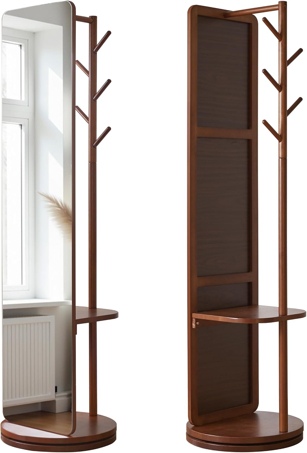 360° Swivel Full Length Mirror for Bedroom, 70" Floor Standing Mirror with Coat Rack & Hooks & Shelf, Solid Wood Frame, Space-Saving for Living Room, Closet, Entryway, Walnut