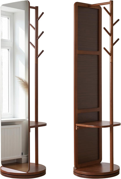 360° Swivel Full Length Mirror for Bedroom, 70" Floor Standing Mirror with Coat Rack & Hooks & Shelf, Solid Wood Frame, Space-Saving for Living Room, Closet, Entryway, Walnut