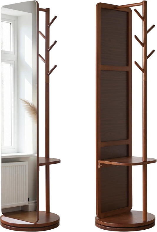 360° Swivel Full Length Mirror for Bedroom, 70" Floor Standing Mirror with Coat Rack & Hooks & Shelf, Solid Wood Frame, Space-Saving for Living Room, Closet, Entryway, Walnut