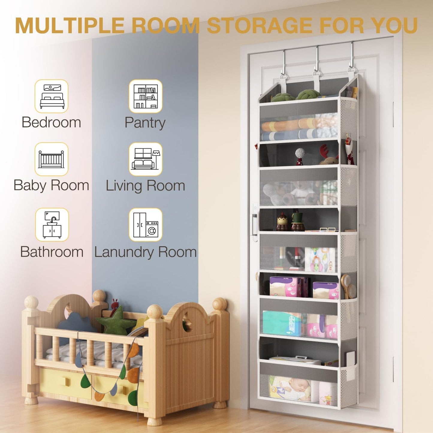 Over the Door Organizer with 5 Front & 10 MeshSide Pockets, 50LB Capacity Extra Large Nursery & Bathroom Hanging Storage Organizer Multi-Room Space-Saving Designwith 3 Hook for Kitchen, Pantry,Grey