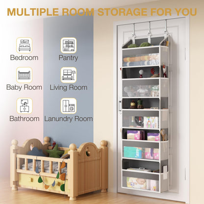 Over the Door Organizer with 5 Front & 10 MeshSide Pockets, 50LB Capacity Extra Large Nursery & Bathroom Hanging Storage Organizer Multi-Room Space-Saving Designwith 3 Hook for Kitchen, Pantry,Grey