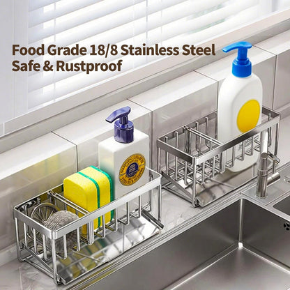 Kitchen Sink Sponge Holder, 304 Stainless Steel Soap Dispenser Caddy Organize, Kitchen Sink Brush Caddy Holder with Removable Drain Tray