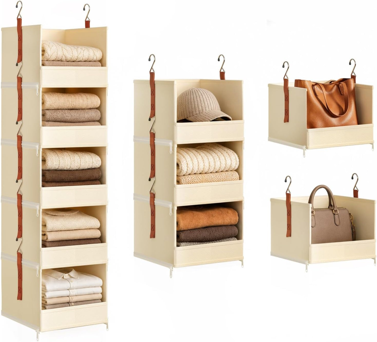 DIMJ Hanging Closet Organizer - 4 Tier Collapsible Hanging Shelves with Hooks Zipper, Fabric Clothes Organizer, Space-Saving Storage Bin Basket for RV, Bedroom, Laundry Organization