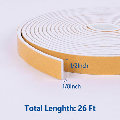 Self Adhesive Foam Tape Weatherstrip 1/2in x 1/4in x 42Ft High Density Foam Insulation Strips Foam Seal Weather Stripping with Strong Adhesive for Door and Window Sound Isolation Soundproofing, White