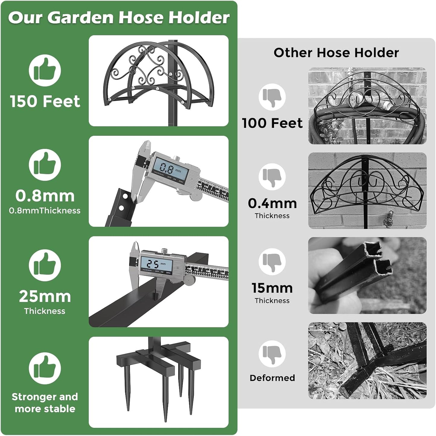 OLV Hose Holder Holds 150-ft Water Pipe, Outdoor Freestanding Heavy Duty Water Hose Holder Reel with 4 Spikes, Detachable Metal Hose Storage Stand Hanger Rack for Outside Yard Lawn Farm, Black
