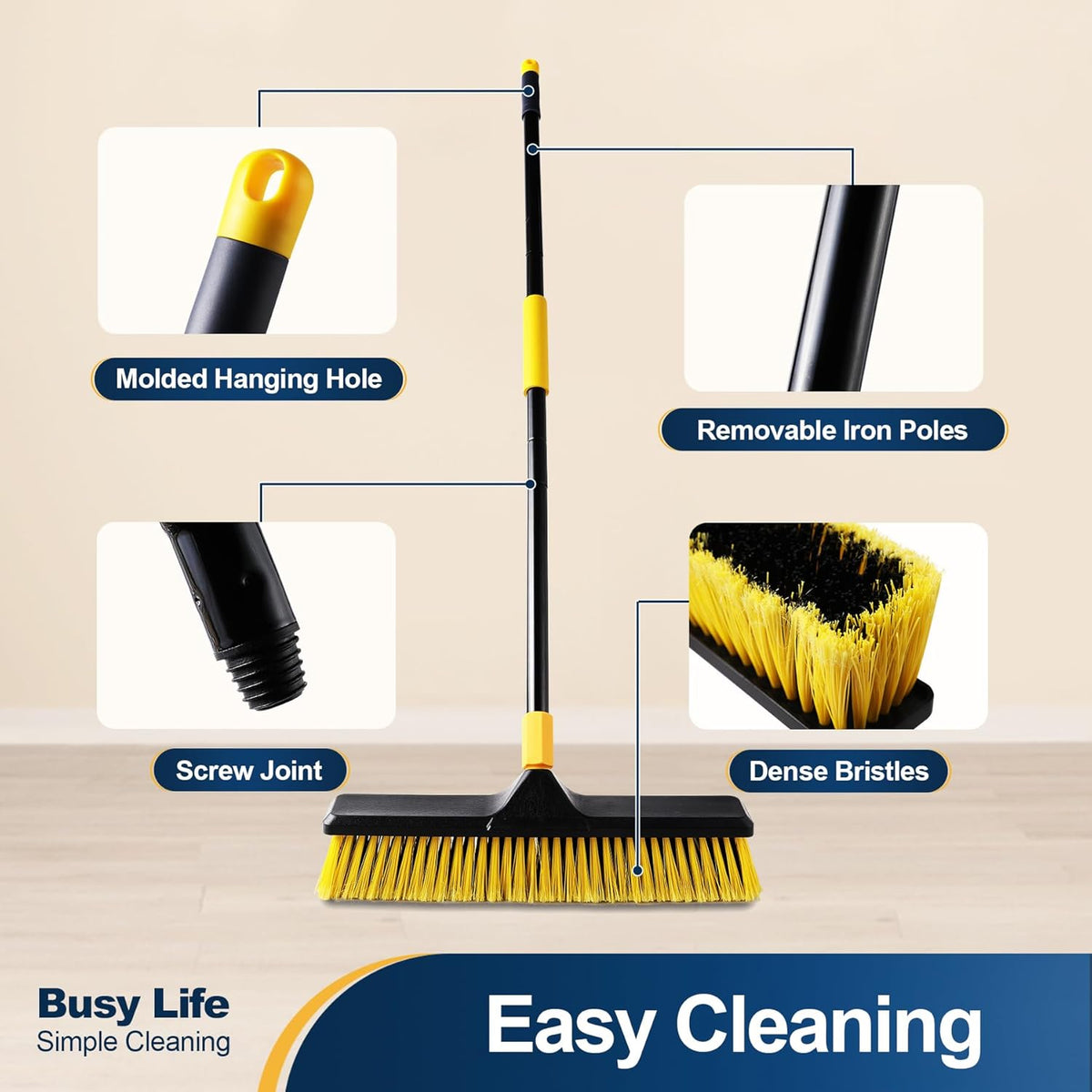 Yocada 18" Push Broom Outdoor Commercial Push Broom Heavy Duty Bristles Stiff Bristles 65" Long for Patio Garage Deck Concrete Wood Stone Cleaning