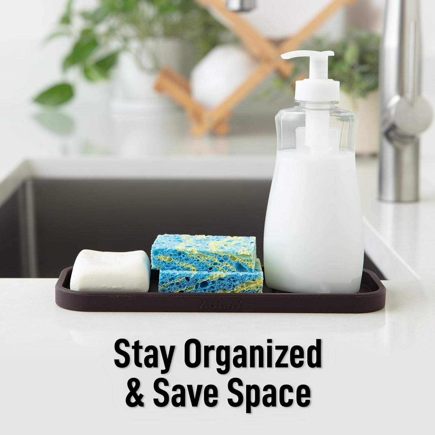 Zulay Kitchen (9x3.5in) Sponge Holder for Kitchen Sink - Flexible Heavy-Duty Multipurpose Sink Caddy - Counter Organizer for Kitchen, Bathroom, Makeup, Trinkets & More! (Grey)