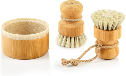 Bamboo Dish Scrub Brushes,Kitchen Wooden Cleaning Scrubbers Set for Washing Cast Iron Pan/Pot, Natural Sisal Bristles, Set of 3