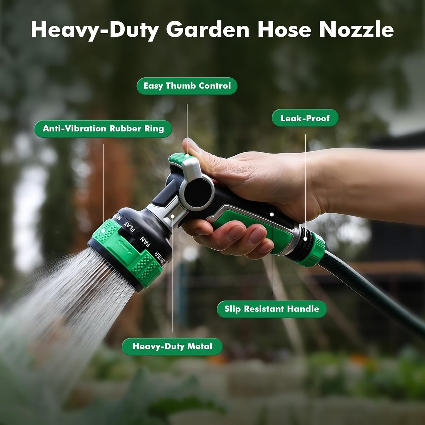 RESTMO Water Hose Nozzle Heavy Duty, Adjustable Garden Sprayer for Outdoor | 2-in-1 Twist Control, 9 Spray Patterns, Thumb ON/OFF Full Flow, Best for Plant & Lawn Watering, Car & Pet Cleaning, Green