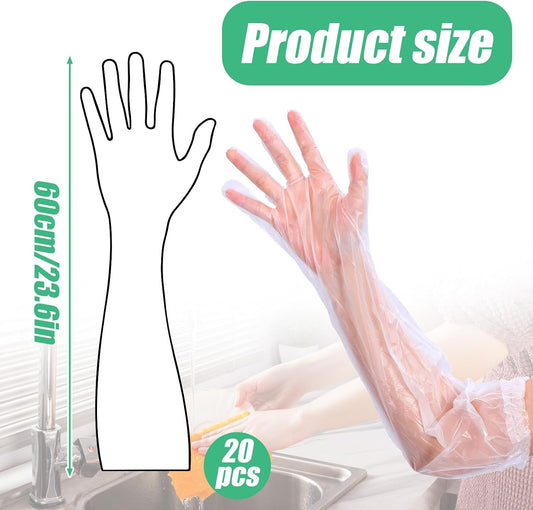 20PCS Transparent Long Disposable Rubber Cleaning Gloves, 23.6in Plastic Dishwashing Gloves, Waterproof and Non-slip Disposable Plastic Glove for Housework, Kitchen, Dishwashing, Gardening