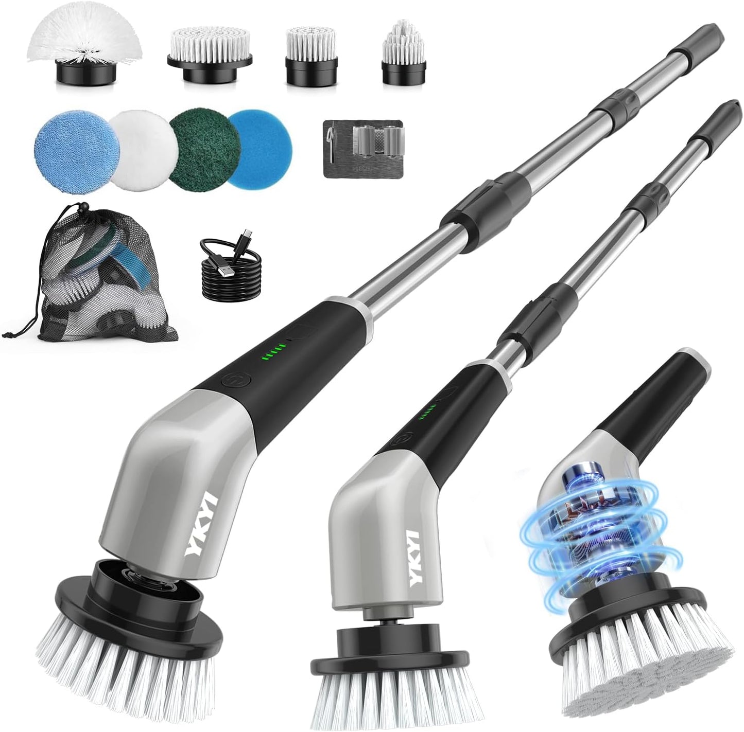 YKYI Electric Spin Scrubber, Cordless Power Scrubber Cleaning Tool with 8 Replaceable Heads and Extension Handle for Bathroom, Tub, Tile, Floor, Grout and Car (White)