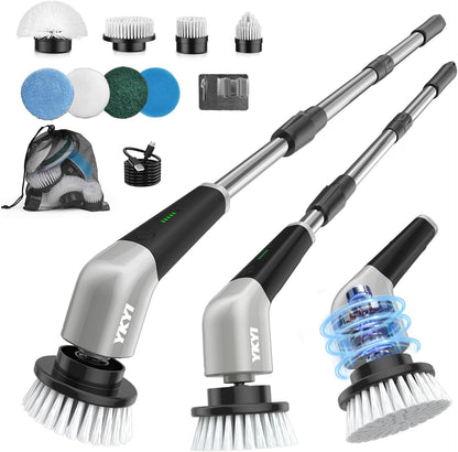 YKYI Electric Spin Scrubber, Cordless Power Scrubber Cleaning Tool with 8 Replaceable Heads and Extension Handle for Bathroom, Tub, Tile, Floor, Grout and Car (White)