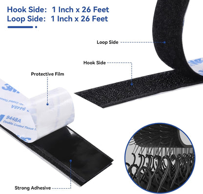 26Feet Hook and Loop Tape Sticky Back Fastener Roll, Nylon Self Adhesive Heavy Duty Strips Fastener for Home Office School Car and Crafting Organization (1, Black-3m, 26ft x 1in)