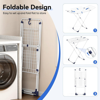 APEXCHASER Clothes Drying Rack, Metal Drying Rack Clothing, Laundry Rack Foldable, Space-Saving, Free-Standing Airer with 4 Gullwings, Indoor Outdoor Use, 55.12"*37.8"*17.52", White