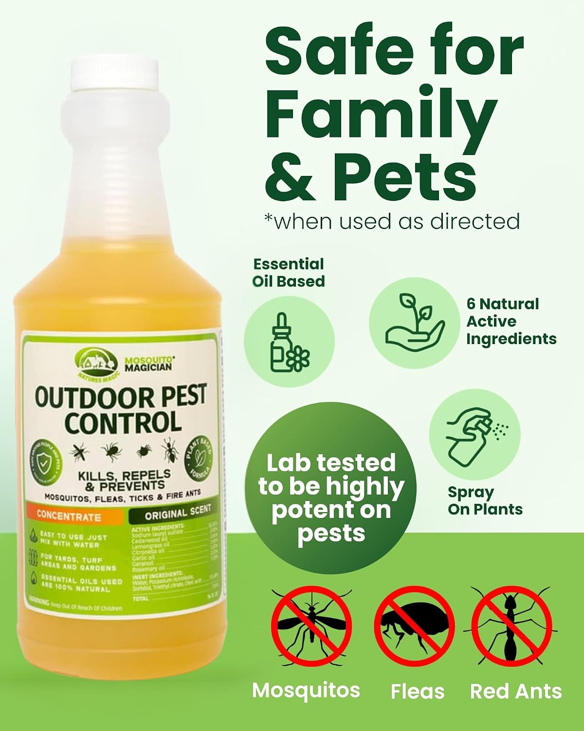 Mosquito Magician Liquid Concentrate – Kills Mosquitoes, Fleas & Fire Ants, Repels and Prevents Ticks – Essential Oil Yard Treatment Spray – Use with Sprayers, Foggers & Misting Systems – 32 oz, Mint