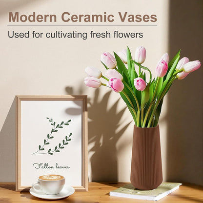 White Ceramic Vase, GUKJOB Small Cute Flower Vase for Pampas Grass, Home, Living Room, Dining Table, Farmhouse, Office Decor, Bedroom, Table, and Kitchen Shelf (White- 2PCS)