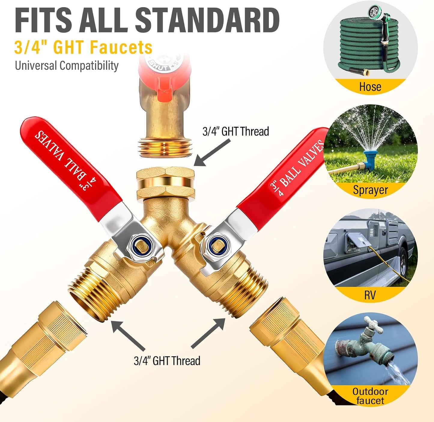 Hose Splitter 2 Way Heavy Duty, Full-Flow Brass Garden Hose Splitter with 304 Stainless Steel Long Handle, 3/4" GHT Faucet/Spigot/Hose Bib Connector, Outdoor Water Hose Splitter with Shutoff Valves