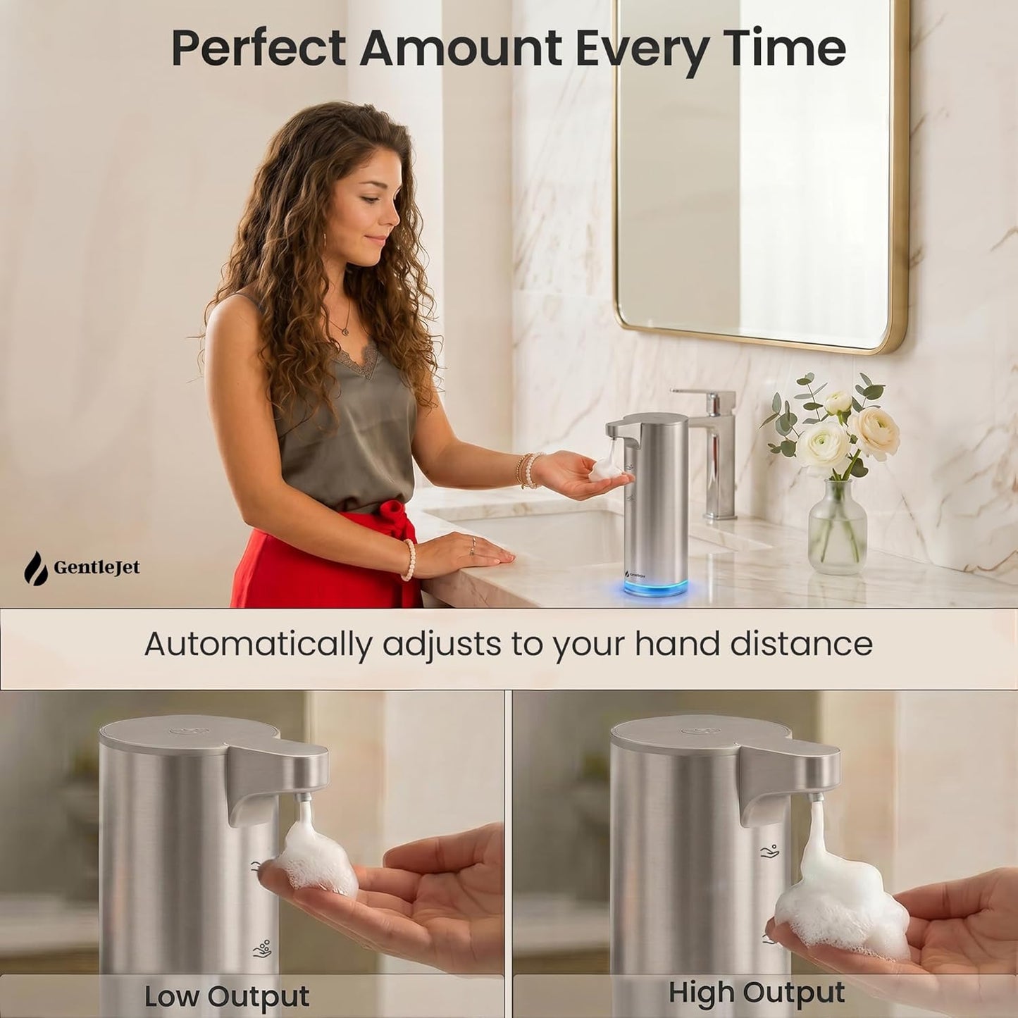 GentleJet EasyFoam Automatic Foaming Soap Dispenser Touchless Sensor, USB-C Rechargeable, 304 Stainless Steel, IPX5 Waterproof for Bathroom Kitchen Sink, 280 ml