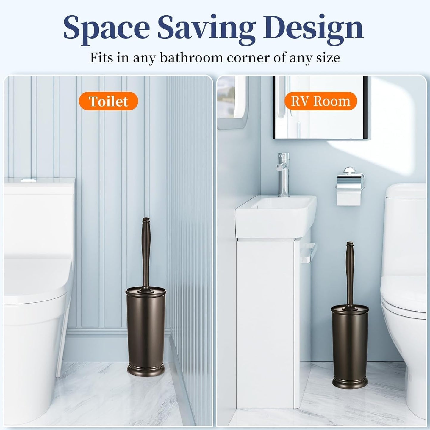 HAMITOR Toilet Bowl Brush Holder Set: 2 Pack Modern Deep Cleaning Bathroom Toilet Scrubber with Caddy for rv - Rim Decorative Accessories Cleaner Brushes for Toilet - Bronze1