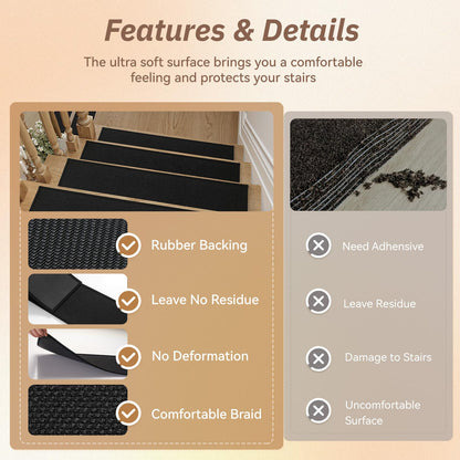 PADOOR Stair-Treads Non Slip 15PCS, Stair Treads for Wooden Steps Rubber Backing Indoor, Stair Carpet Residue Free, Stair Runner Durable Stair Rug for Kids and Dogs 8"x30" Beige