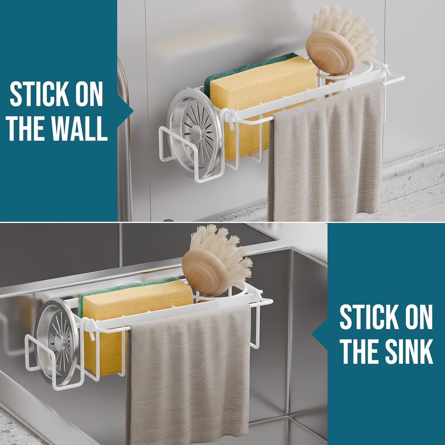 TAILI Sponge Holder with Strong Suction Cup, Dish Sponge Caddy Inside Sink Removable, Rustproof Aluminum for Sponges, Brushes, Stoppers and Scrapers - Black