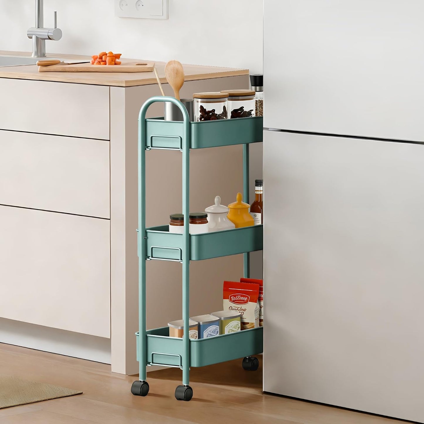 Slim Rolling Cart, Metal Frame Utility Rolling 3-Tier Narrow Storage Cart with Handle Kitchen Storage Organizer, Mobile Shelving Unit for Bathroom Kitchen