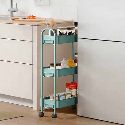 Slim Rolling Cart, Metal Frame Utility Rolling 3-Tier Narrow Storage Cart with Handle Kitchen Storage Organizer, Mobile Shelving Unit for Bathroom Kitchen