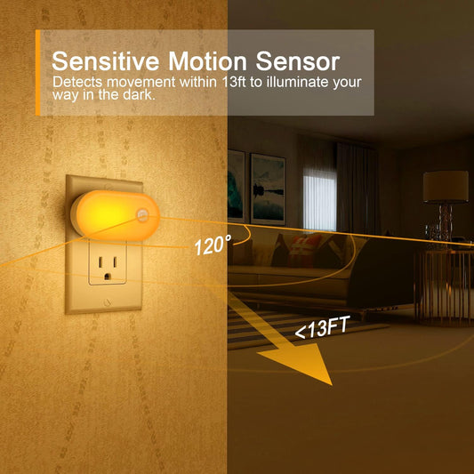 Lyridz 120LM Ultra Bright Plug-in Motion Sensor Night Light, Stepless Dimmable LED Nightlight, Always-On and Auto-Off, for Hallway, Stairs, Bathroom, Bedroom, Garage, Warm White (6-Pack)