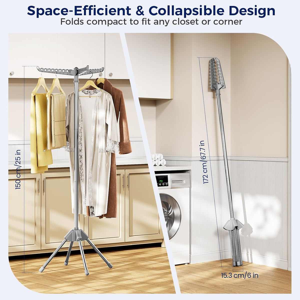KINGBOARD Clothes Drying Rack, 72-Inch 2-Tier Stainless Steel, Grey | 2-Tier Design, 6 Rotating Arms, 27 Hanger Holes, 24 Clips, 4-Leg Base, Compact Storage, Indoor and Outdoor Use