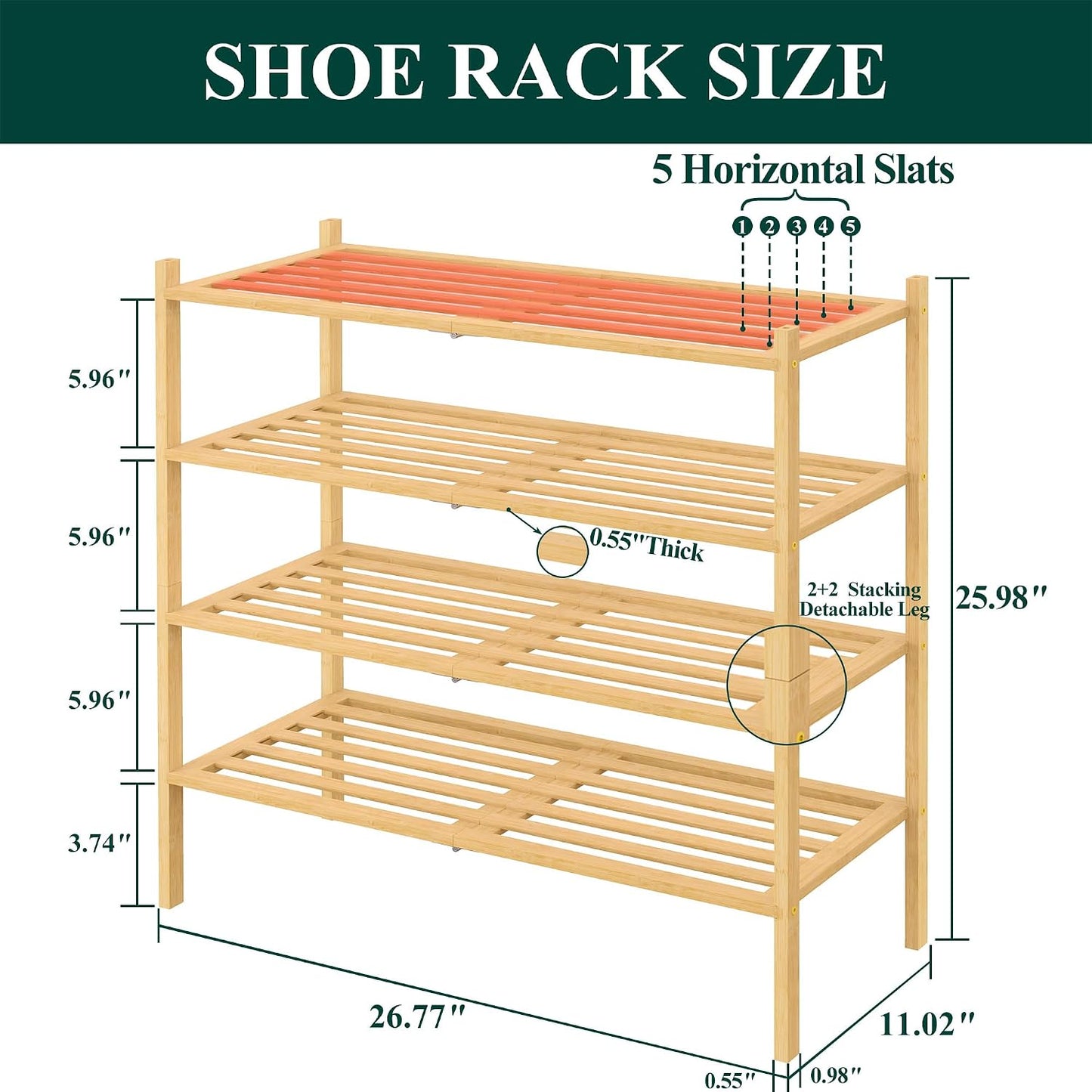 Smiry Bamboo Shoe Rack, 3 Tier Free Standing Wooden Shoe Organizer, Stackable Wood Shoe Storage Shelf for Closet, Entryway, 5 Horizontal Slats, 26.8"x11"x18.3", Natural