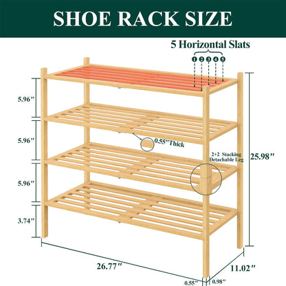 Smiry Bamboo Shoe Rack, 3 Tier Free Standing Wooden Shoe Organizer, Stackable Wood Shoe Storage Shelf for Closet, Entryway, 5 Horizontal Slats, 26.8"x11"x18.3", Natural