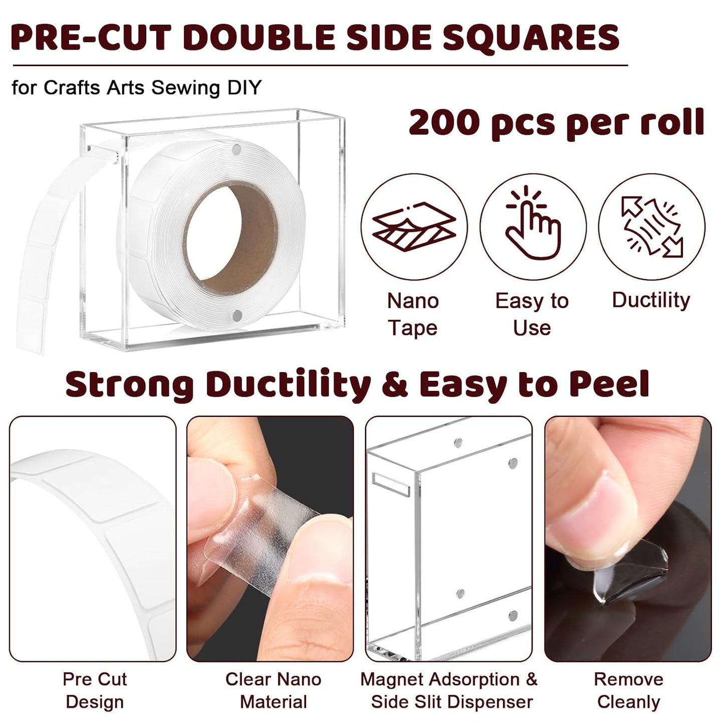 1 Pack Nano Double Sided Adhesive Dots 0.8" Precut Thin Nano Tape with Acrylic Dispenser Box Clear Double Sided Sticky Putty for Wall Poster Hanging Crafts Removable(Tape+Box)