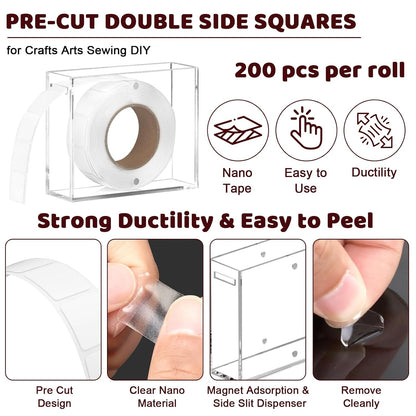 1 Pack Nano Double Sided Adhesive Dots 0.8" Precut Thin Nano Tape with Acrylic Dispenser Box Clear Double Sided Sticky Putty for Wall Poster Hanging Crafts Removable(Tape+Box)