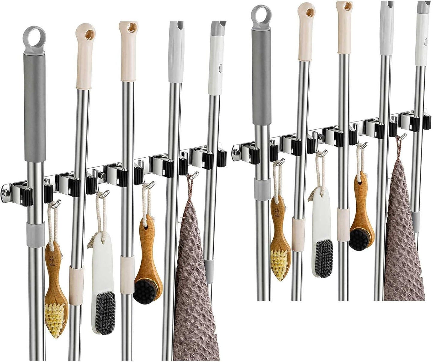 Broom Holder Wall Mount, Stainless Steel Broom Hanger Wall Mount, Heavy Duty Mop and Broom Holder Tool Racks Utility Hooks for Laundry Room Garden Garage, Black (4 Racks and 5 Hooks)