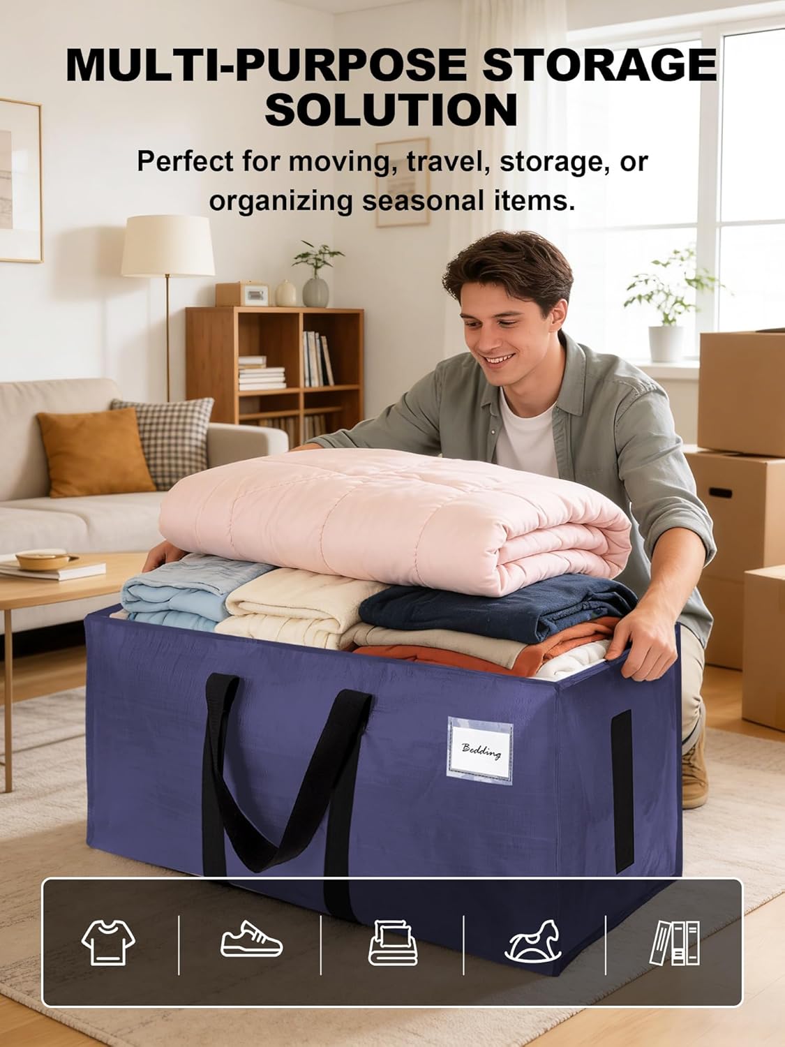 HOMESURE Supports 200lbs Heavy Duty Moving Bags - Strong Zipper & Wrap-Around Handles - Water-Resistant Storage Totes, Durable Alternative to Moving Boxes - 8 Pack - Semi-Transparent