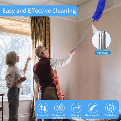 Duster with Extension Pole - Blue | 5-in-1 Kit Dusters for Cleaning, Extendable Duster with 100 Inches, Microfiber Dusters for Ceiling Fans, Furniture, Blinds