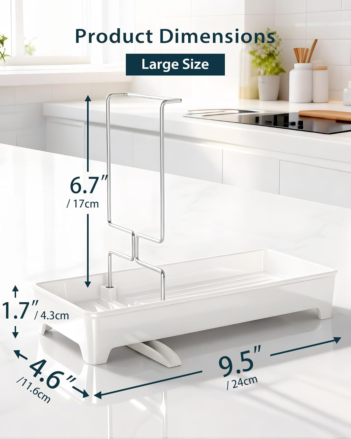 Minimalist Sink Caddy, Rustproof Sponge Holder for Kitchen Sink with 304 Stainless-Steel Brush Holder, Countertop Rack Organizer with Raised Ridges & Silicone Drain Tube (Black, Large)
