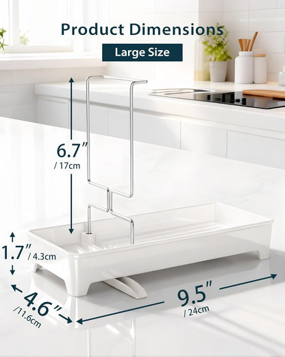 Minimalist Sink Caddy, Rustproof Sponge Holder for Kitchen Sink with 304 Stainless-Steel Brush Holder, Countertop Rack Organizer with Raised Ridges & Silicone Drain Tube (Black, Large)