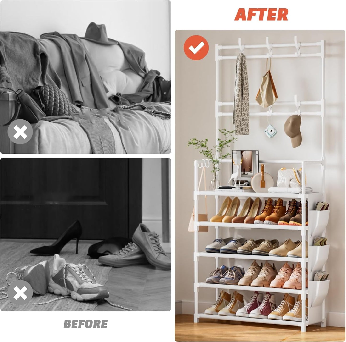 OYREL Shoe Rack 5 Tier Shoe Organizer Storage 15-20 Pairs Shoes Rack for Closet Entrance Shoe Rack Organizer with Hooks and Side Pocket Entryway Shoe Holder Space Saving Free Standing Shoe Racks