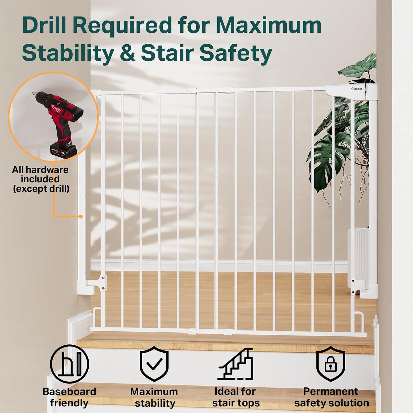 Cumbor 29.2–43" Baby Gate for Stairs, Hardware Mounted (Drill Required), Expandable No Bottom Bar Dog Gate, Auto Close Extra Wide Walk Thru, Pet & Toddler Proof Gate, Top & Bottom of Stairways (White)