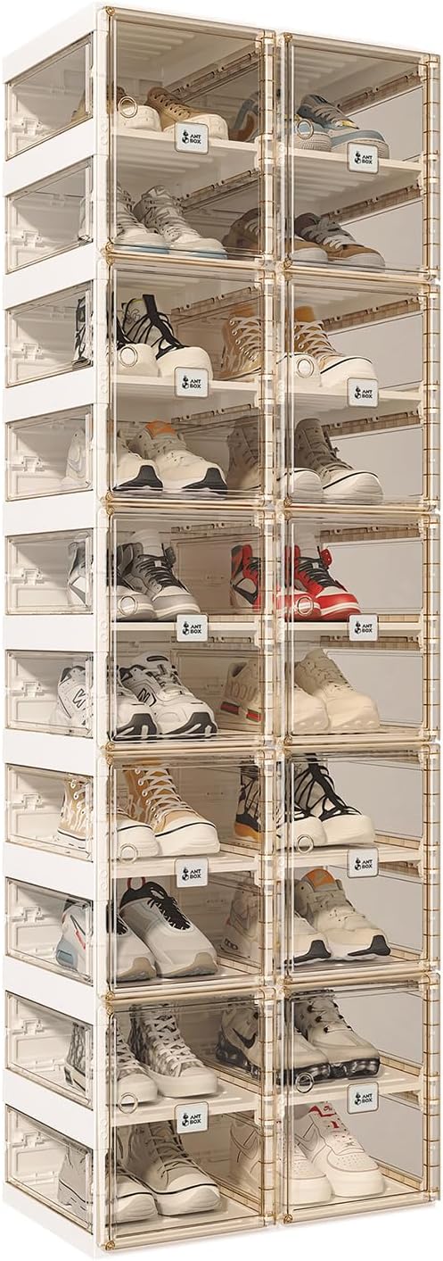 ANTBOX Collapsible Shoe Boxes Clear Plastic Stackable, Quick Setup Drop Front Shoe Organizer, Display Storage Cabinet for Sneakers10 Tiers 20 Pairs